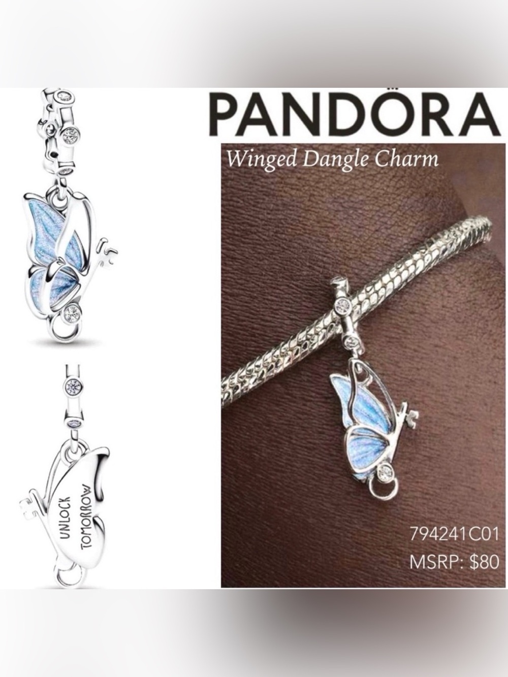 PANDORA Butterfly Winged Dangle Charm w/box
